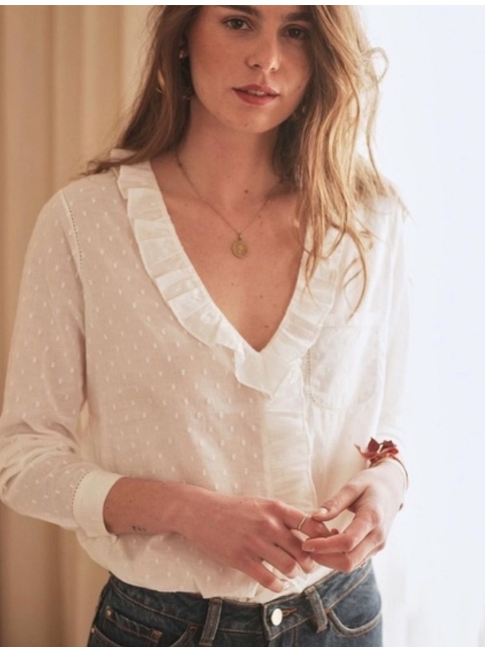 Sezane capucine cotton voile Swiss dot blouse size 36
